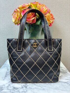 Chanel Small Black Whipstitch Tote Bag w/ Beige Stitching - Great Used Condition